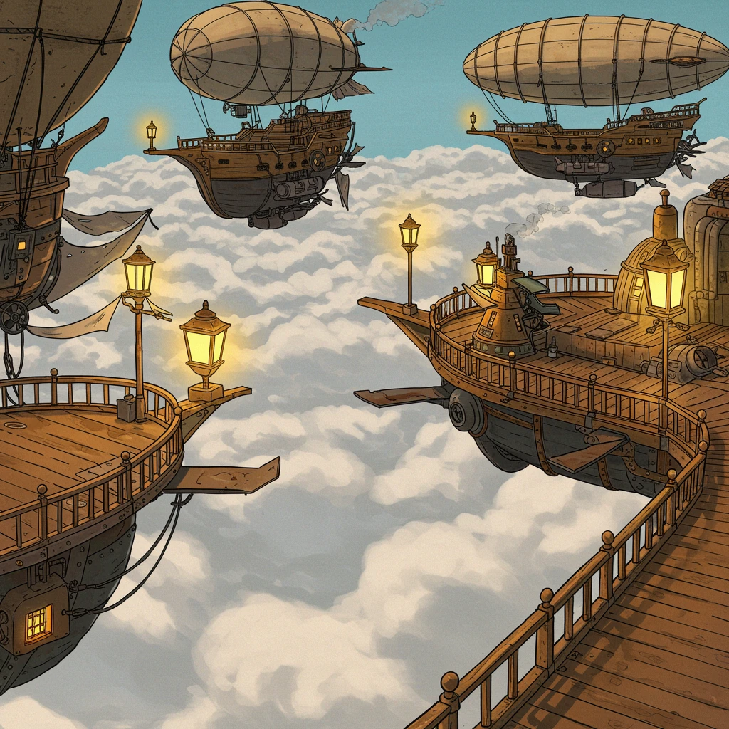 Steampunk airship harbor above the clouds