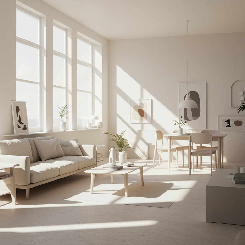 Minimalist sunlit creative studio interior