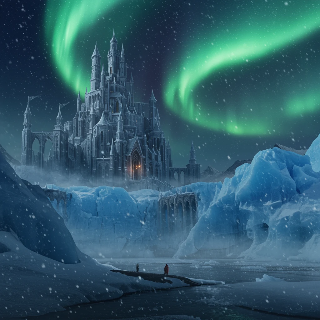 Icy fantasy citadel glowing under aurora skies