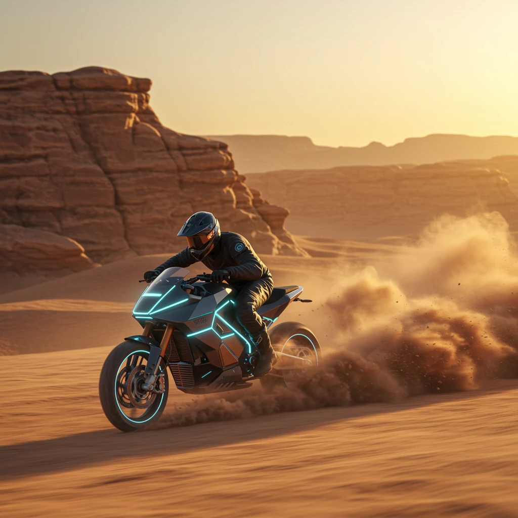 Futuristic electric motorcycle racing through canyon