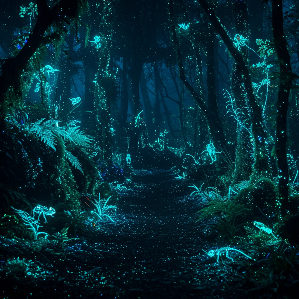 Bioluminescent rainforest ecosystem at night