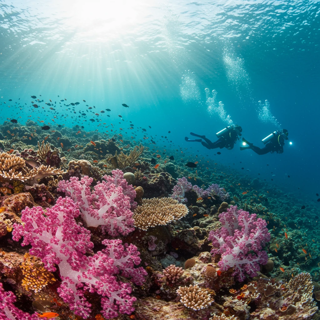 Underwater reef with divers and sun rays