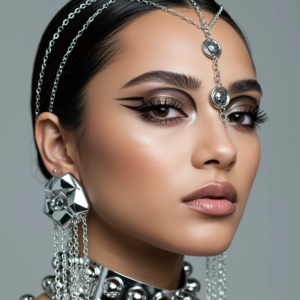 Editorial portrait with chrome futuristic makeup