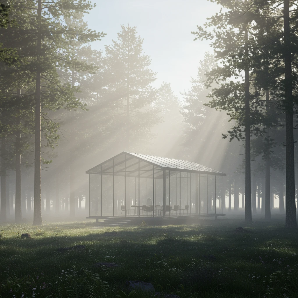 Glass pavilion architectural visualization in forest