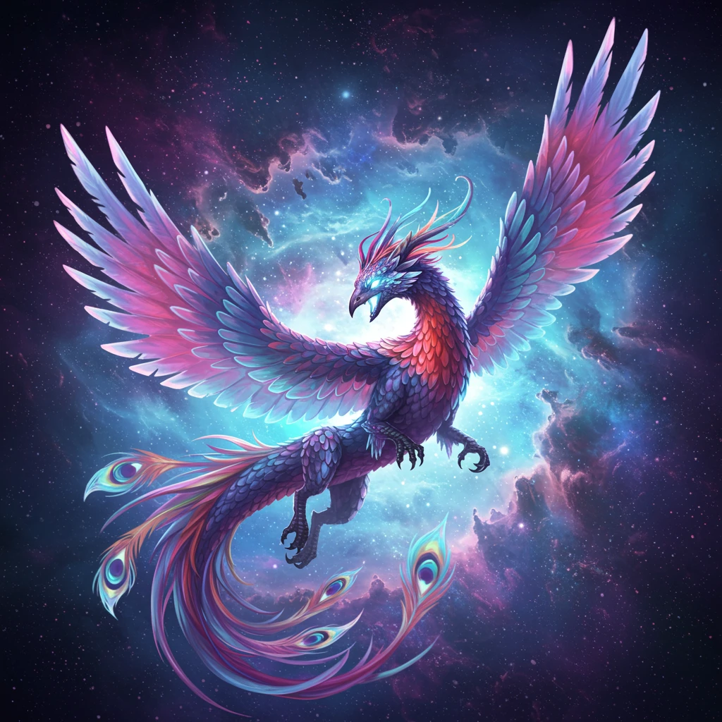 Cosmic creature emerging from vibrant nebula