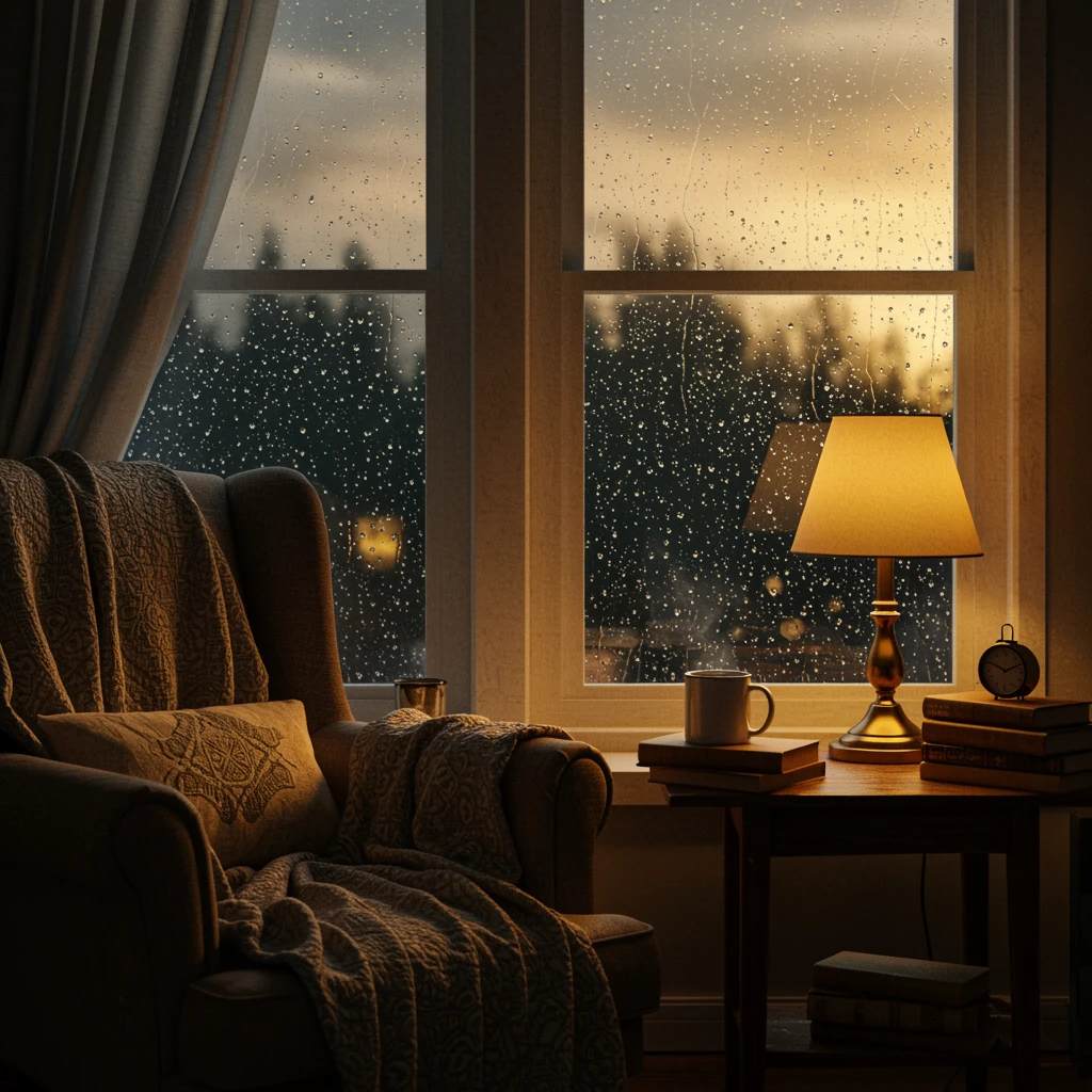 Cozy reading nook during a rainy evening
