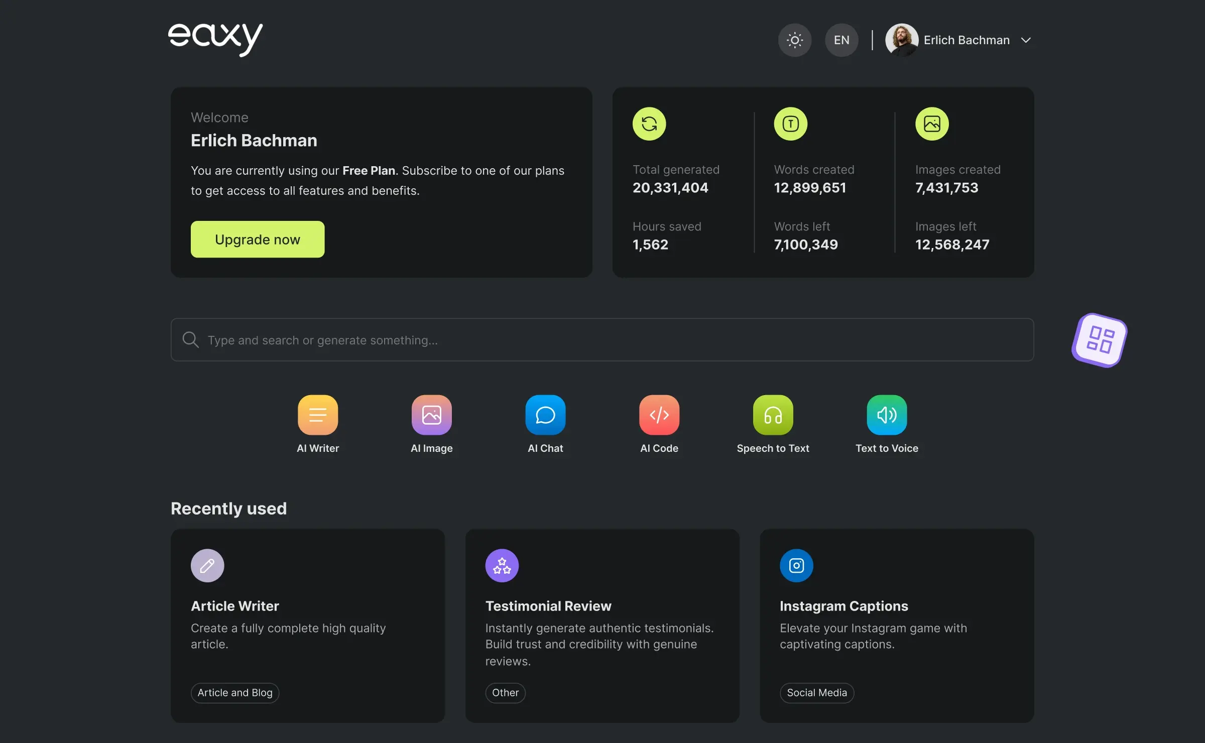 Eaxy application preview in dark mode
